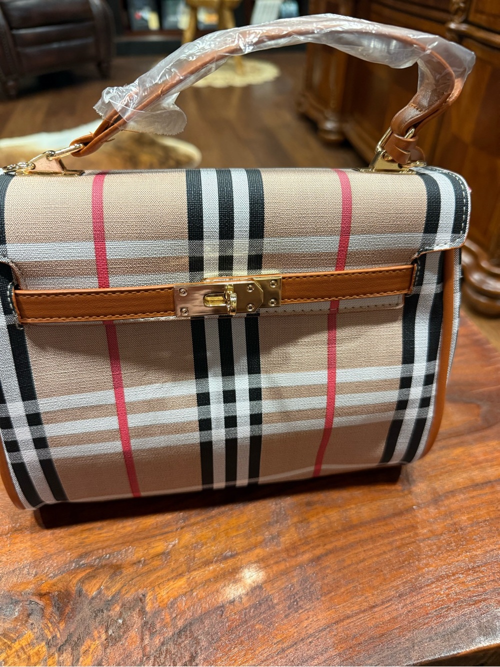 Lou Lou & Company Beige Plaid Satchel with Tan Trim and Gold Hardware
